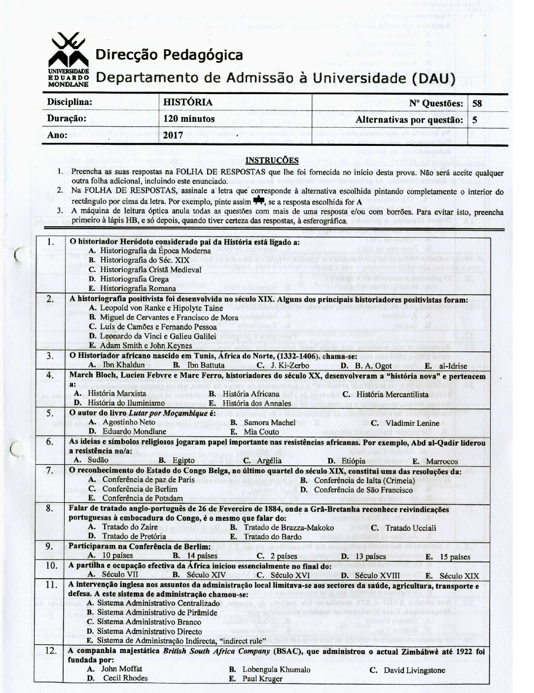 História – 2017 da UEM (Enunciado e Resolução do Exame de Admissão em PDF)