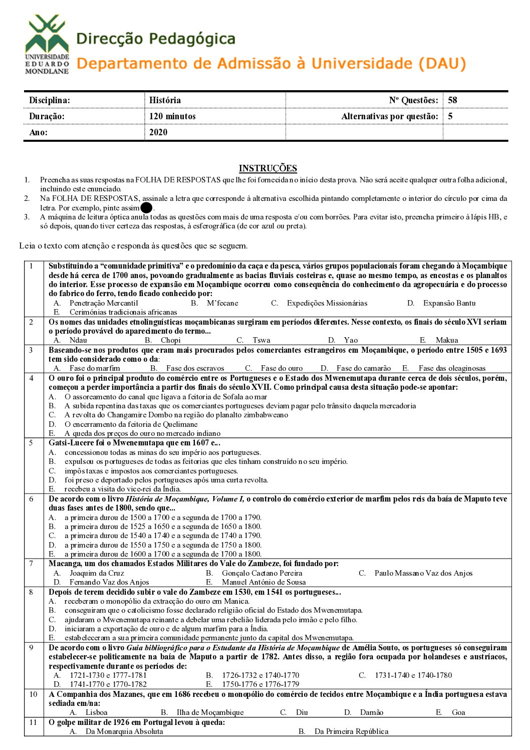 História – 2020 da UEM (Enunciado e Resolução do Exame de Admissão em PDF)