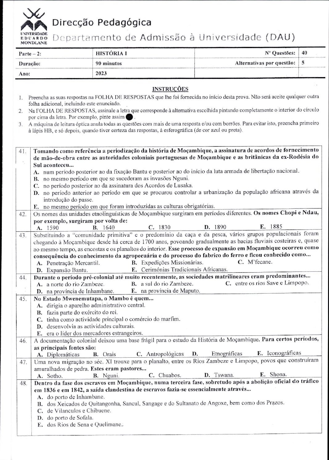 História – 2023 (I) da UEM (Enunciado e Resolução do Exame de Admissão em PDF)