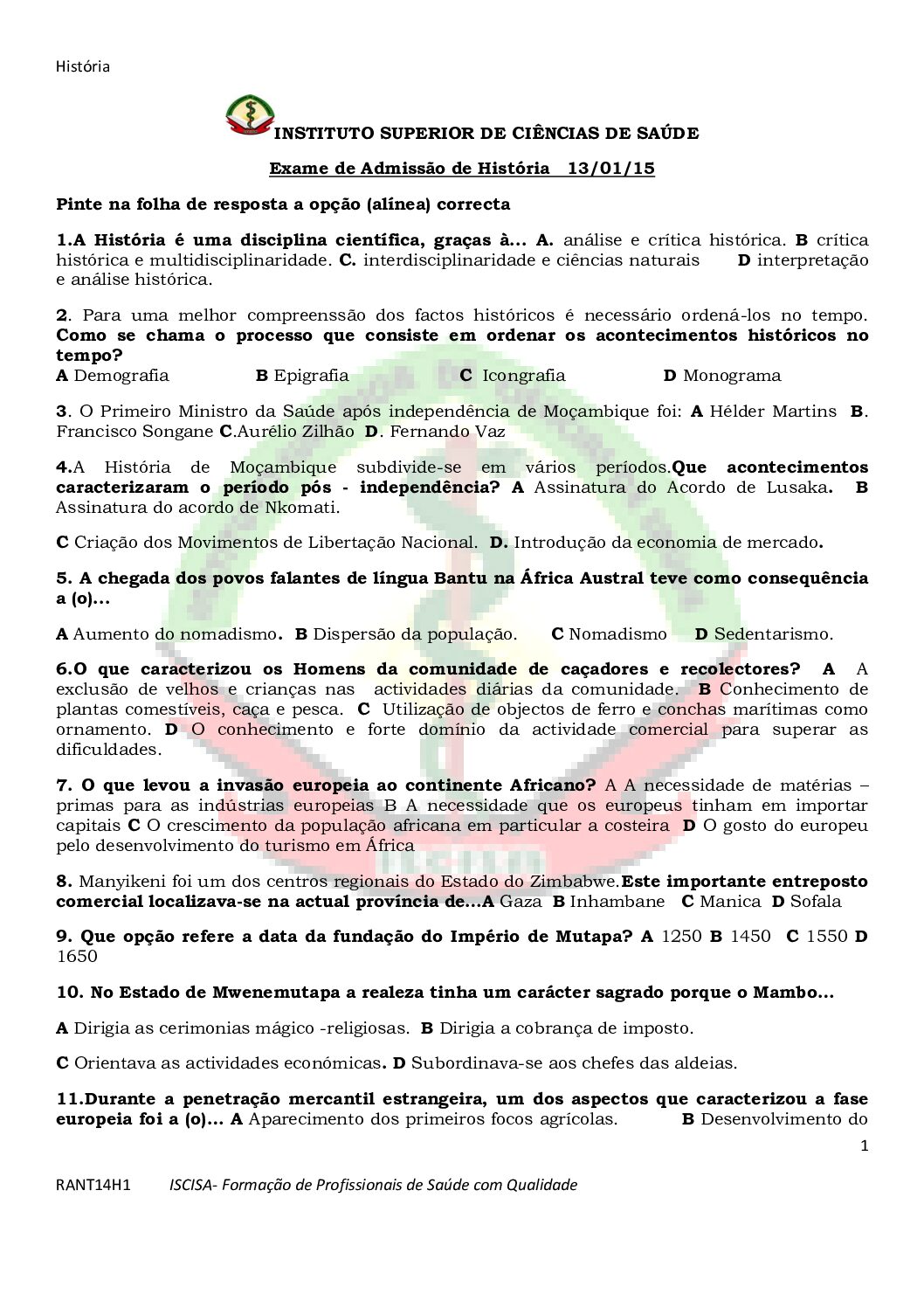 História – 2015 do ISCISA (Enunciado e Resolução do Exame de Admissão em PDF)