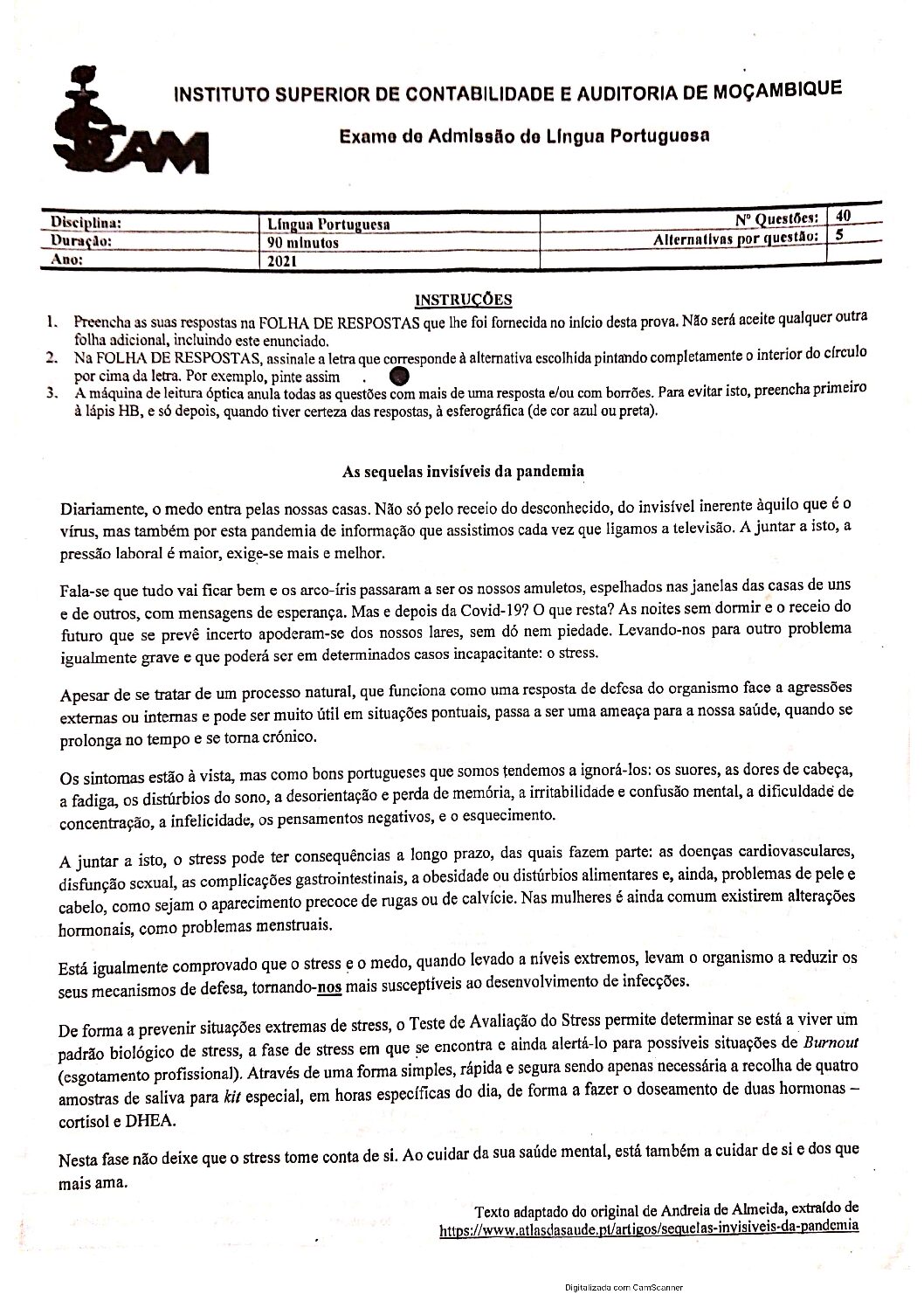 Português – 2021 do ISCAM (Enunciado e Resolução do Exame de Admissão em PDF)
