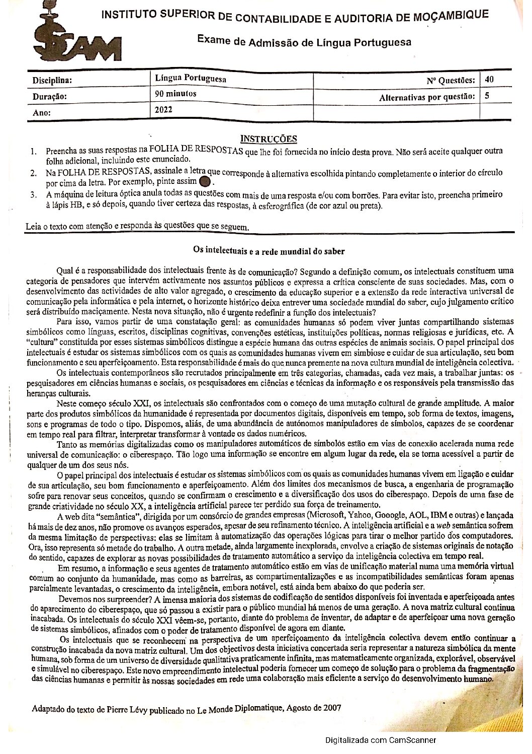 Português – 2022 do ISCAM (Enunciado e Resolução do Exame de Admissão em PDF)