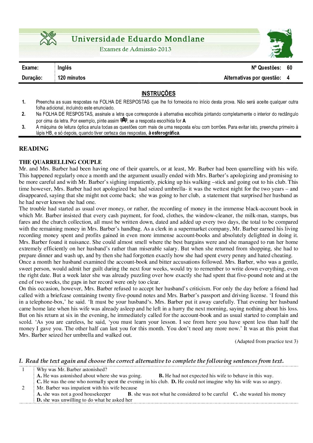 Inglês – 2013 da UEM (Enunciado e Resolução do Exame de Admissão em PDF)