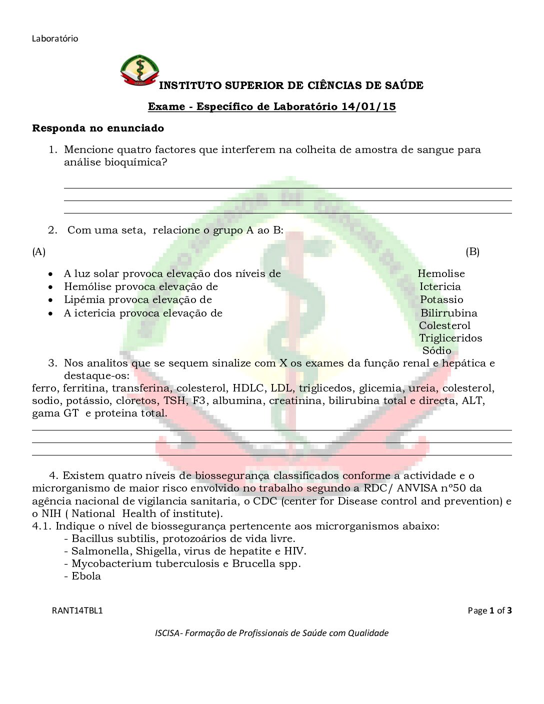 Laboratório – 2015 do ISCISA (Enunciado e Resolução do Exame de Admissão em PDF)