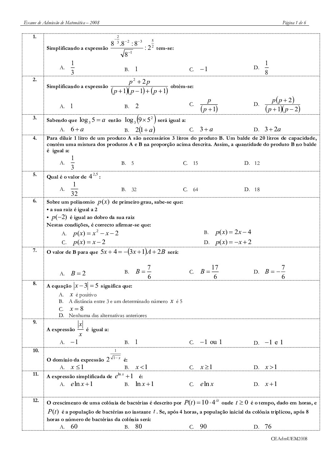 Matemática – 2008 da UEM (Enunciado e Resolução do Exame de Admissão em PDF)