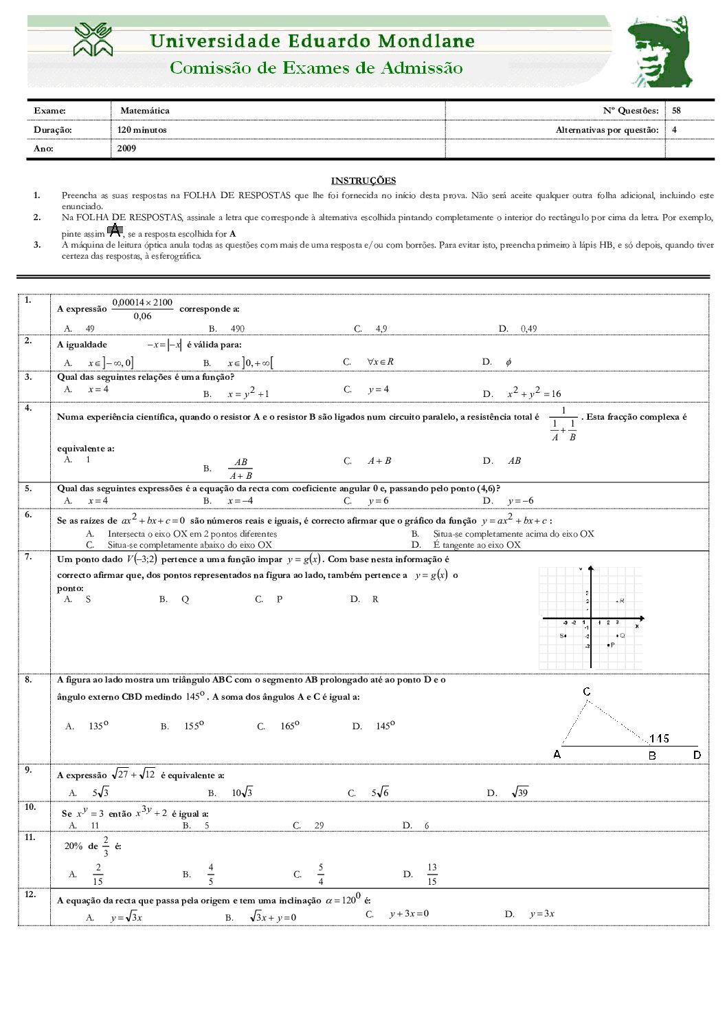 Matemática – 2009 da UEM (Enunciado e Resolução do Exame de Admissão em PDF)