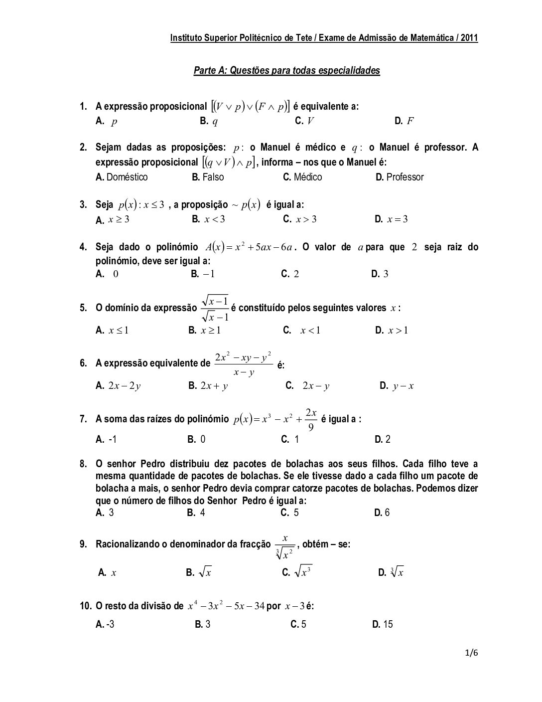 Matemática – 2011 do ISPT (Enunciado e Resolução do Exame de Admissão em PDF)