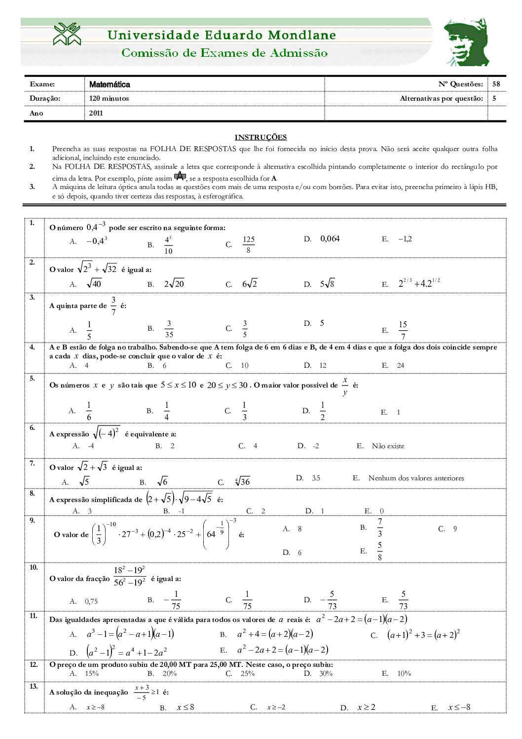Matemática – 2011 da UEM (Enunciado e Resolução do Exame de Admissão em PDF)