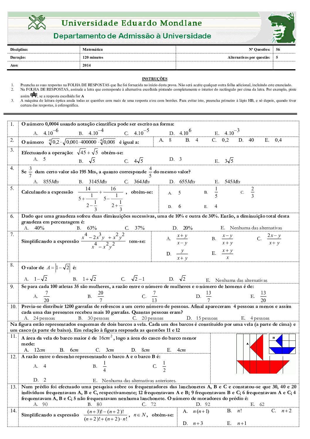 Matemática – 2014 da UEM (Enunciado e Resolução do Exame de Admissão em PDF)