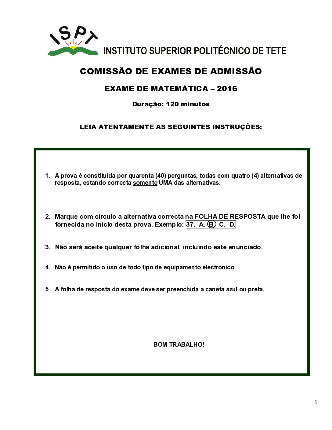 Matemática – 2016 do ISPT (Enunciado e Resolução do Exame de Admissão em PDF)