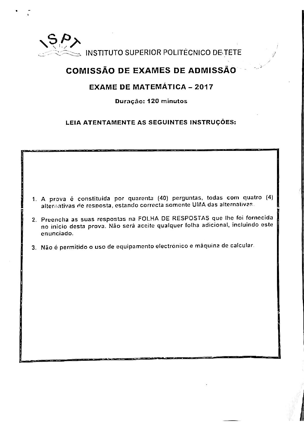 Matemática – 2017 do ISPT (Enunciado e Resolução do Exame de Admissão em PDF)