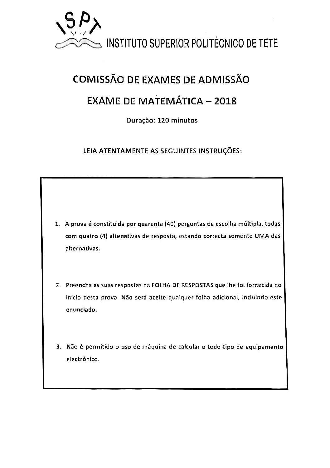 Matemática – 2018 do ISPT (Enunciado e Resolução do Exame de Admissão em PDF)