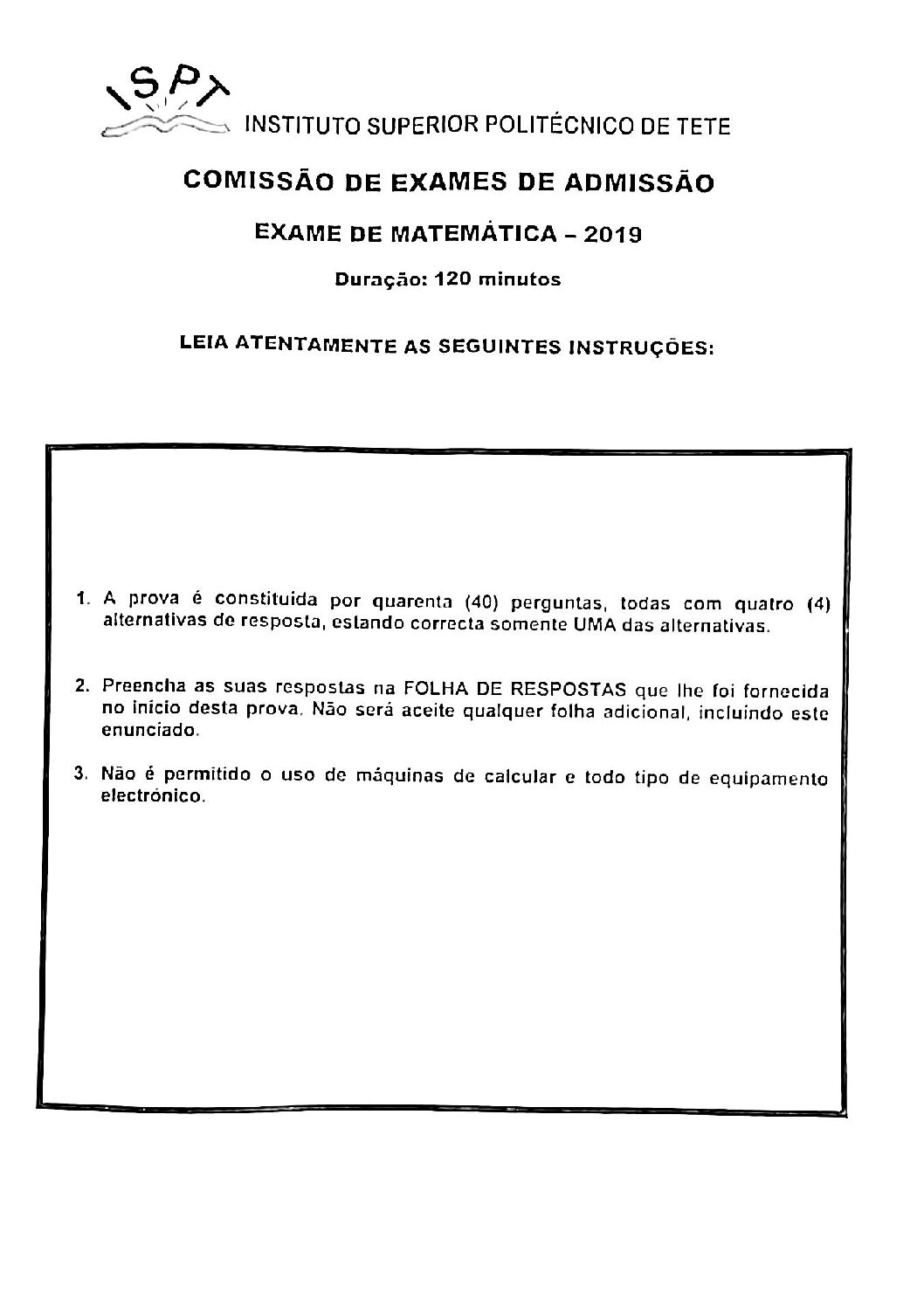 Matemática – 2019 do ISPT (Enunciado e Resolução do Exame de Admissão em PDF)