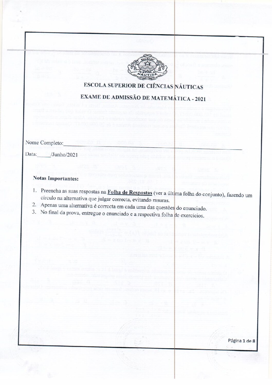 Matemática – 2021 da Escola Náutica (Enunciado e Resolução do Exame de Admissão em PDF)