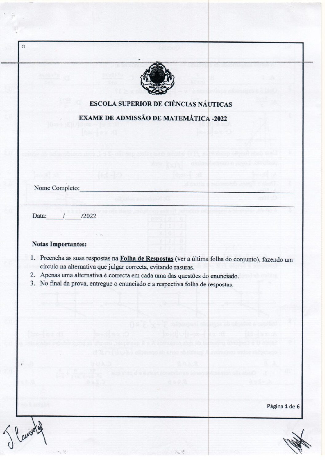 Matemática – 2022 da Escola Náutica (Enunciado e Resolução do Exame de Admissão em PDF)