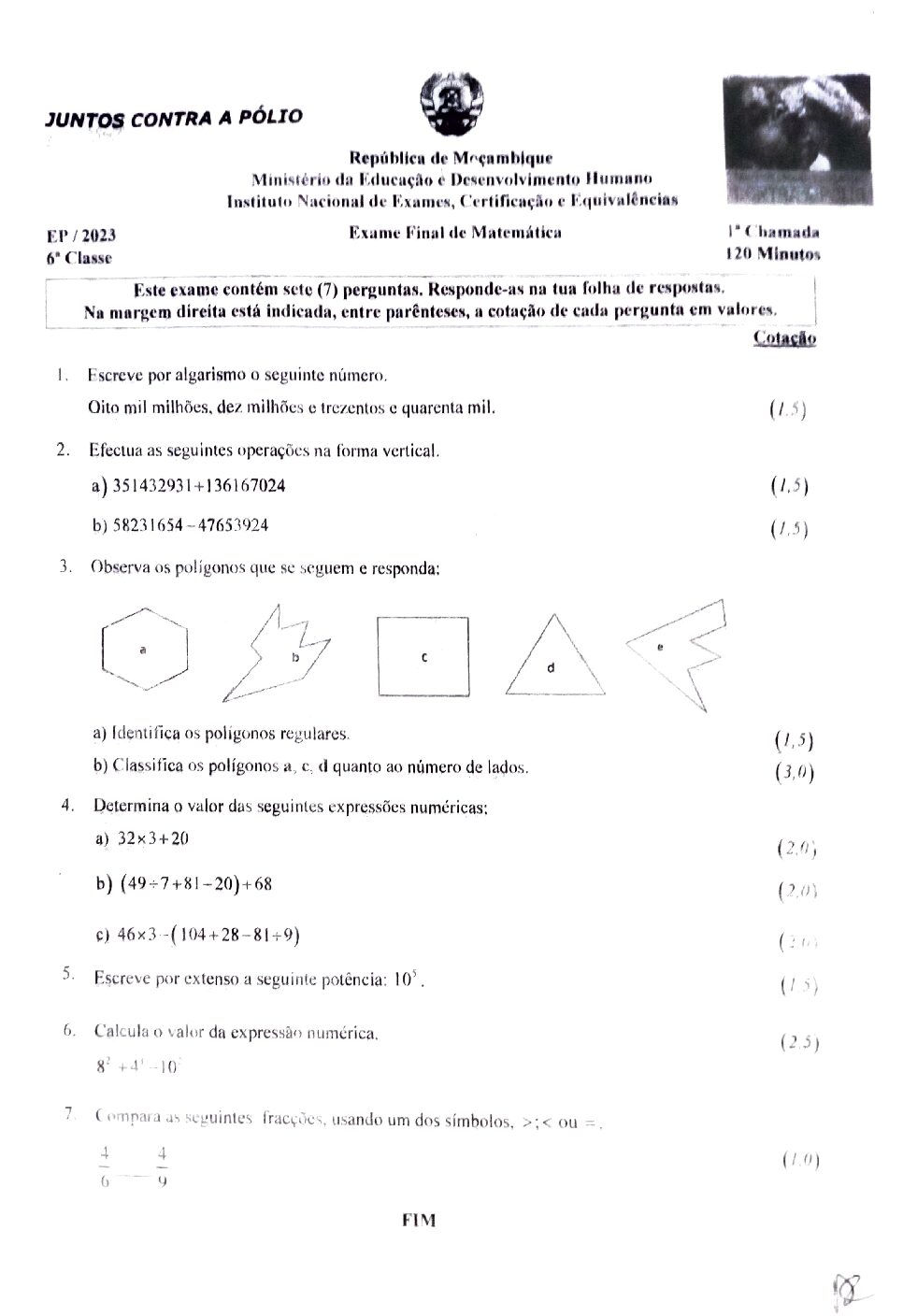 Matemática – 2023 da 6ª classe – 1ª Chamada (Enunciado e Resolução do Exame Final em PDF)