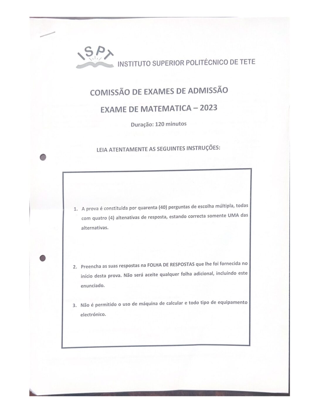 Matemática – 2023 do ISPT (Enunciado e Resolução do Exame de Admissão em PDF)