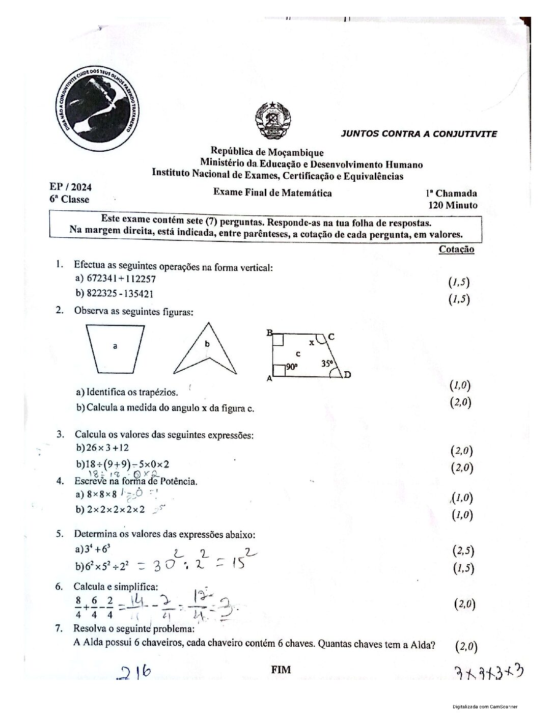 Matemática – 2024 da 6ª classe – 1ª Chamada (Enunciado e Resolução do Exame Final em PDF)