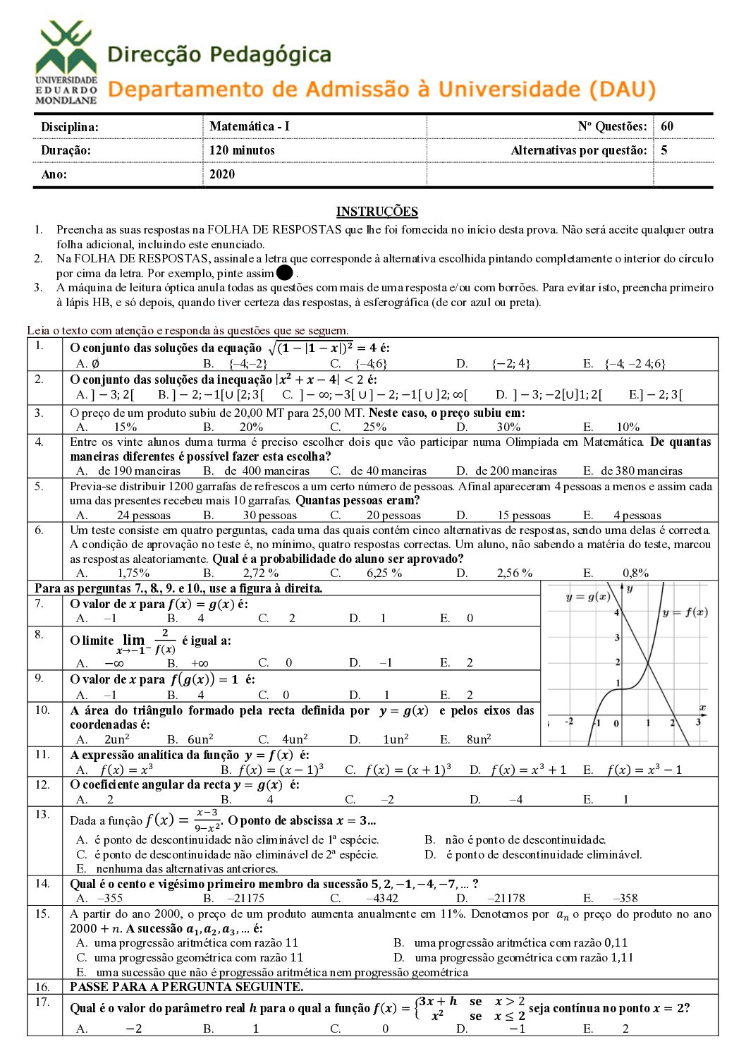 Matemática – 2020 (I) da UEM (Enunciado e Resolução do Exame de Admissão em PDF)