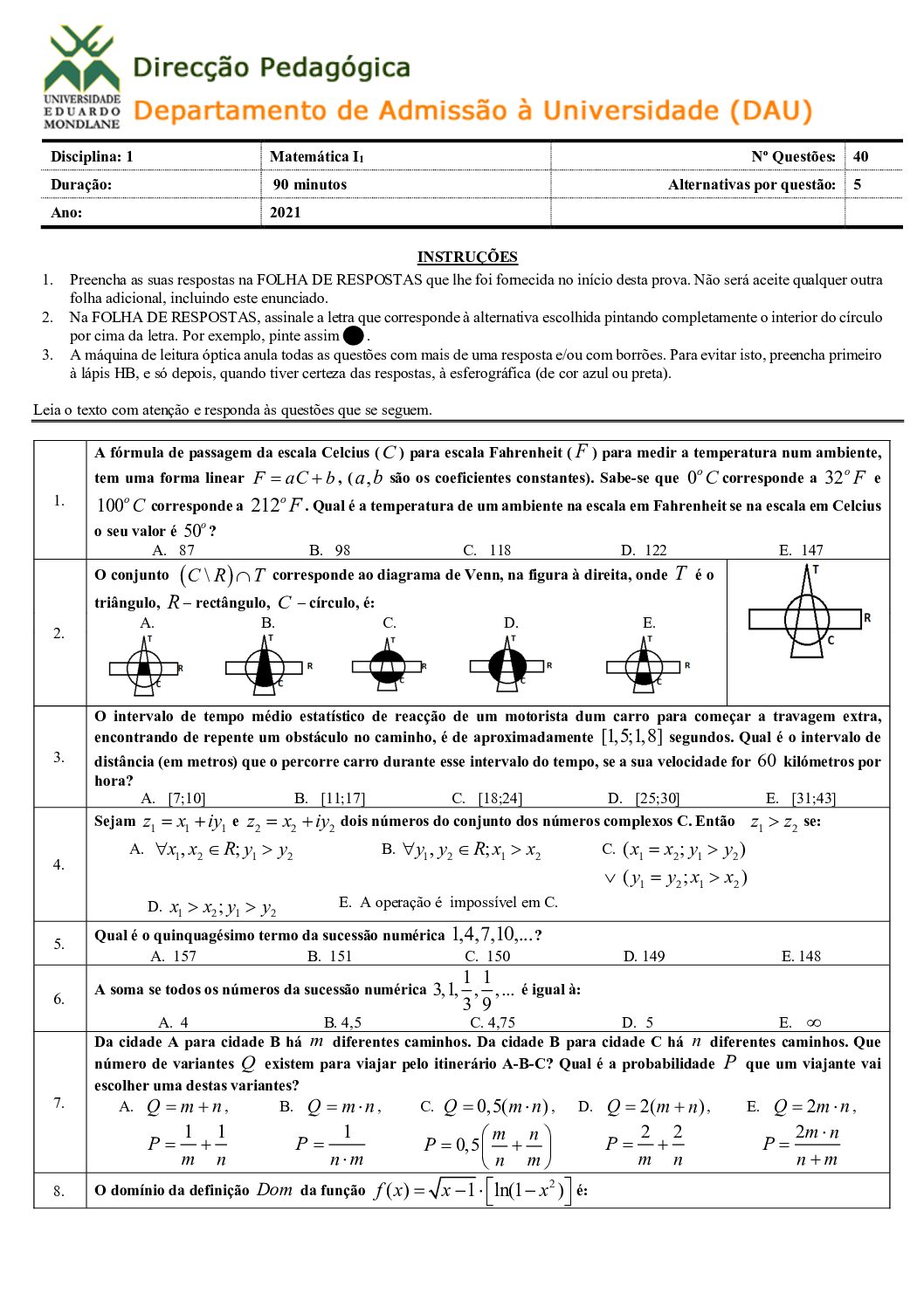 Matemática – 2021 (I) da UEM (Enunciado e Resolução do Exame de Admissão em PDF)