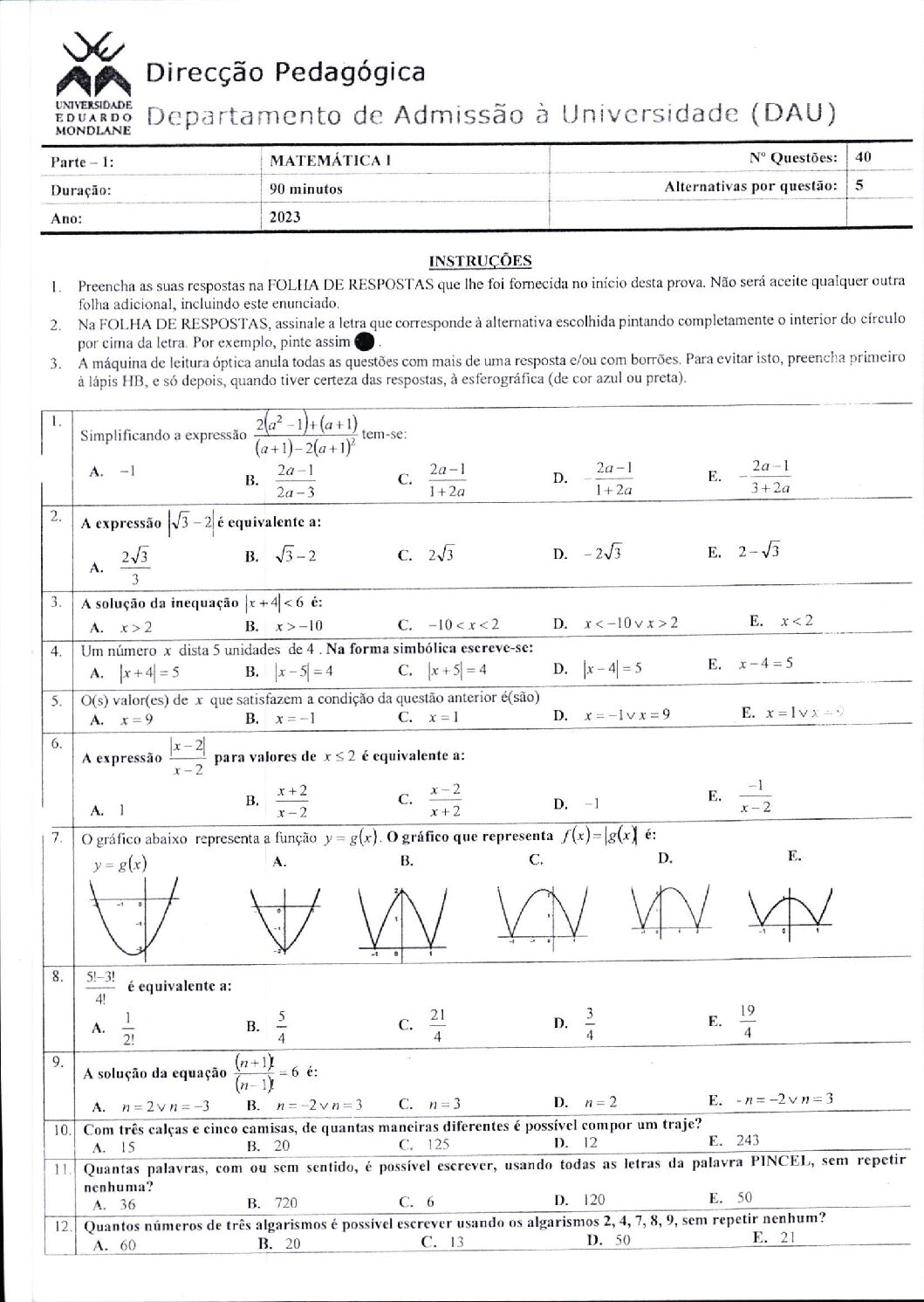Matemática – 2023 (I) da UEM (Enunciado e Resolução do Exame de Admissão em PDF)