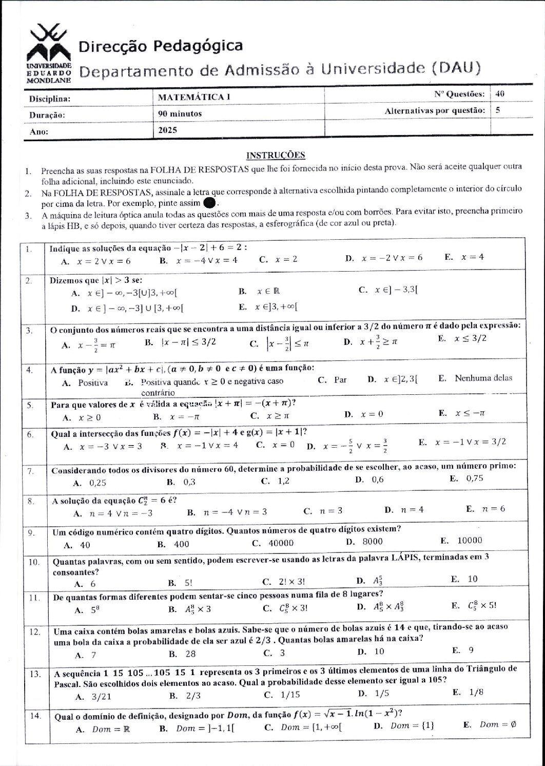Matemática – 2025 (I) da UEM (Enunciado e Resolução do Exame de Admissão em PDF)