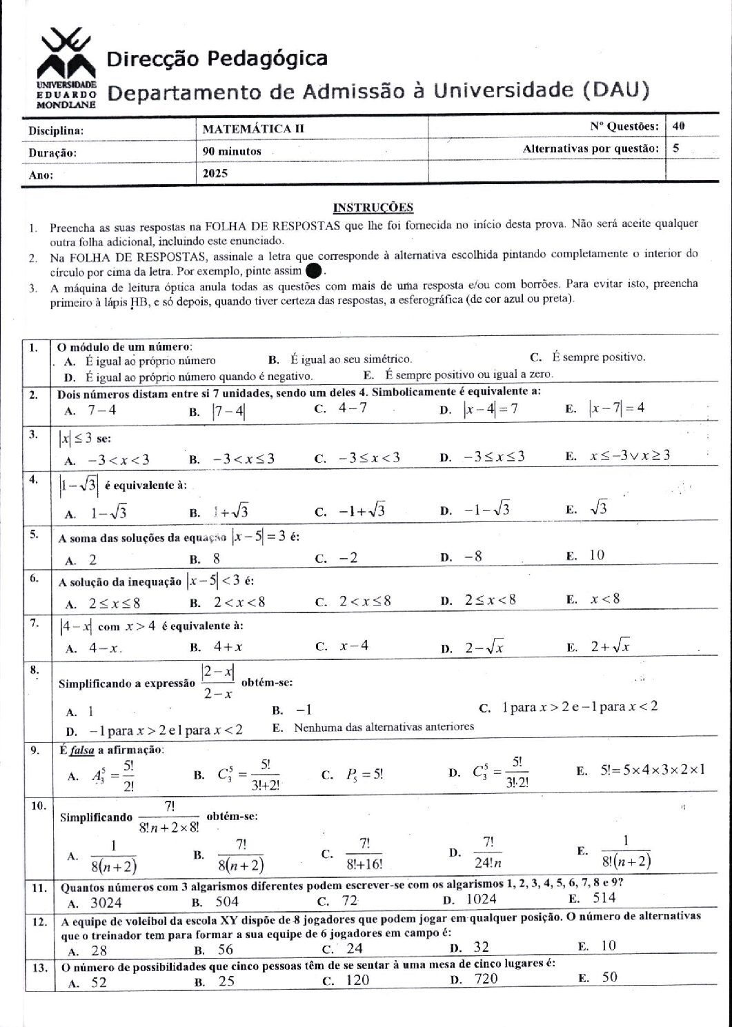 Matemática – 2025 (II) da UEM (Enunciado e Resolução do Exame de Admissão em PDF)