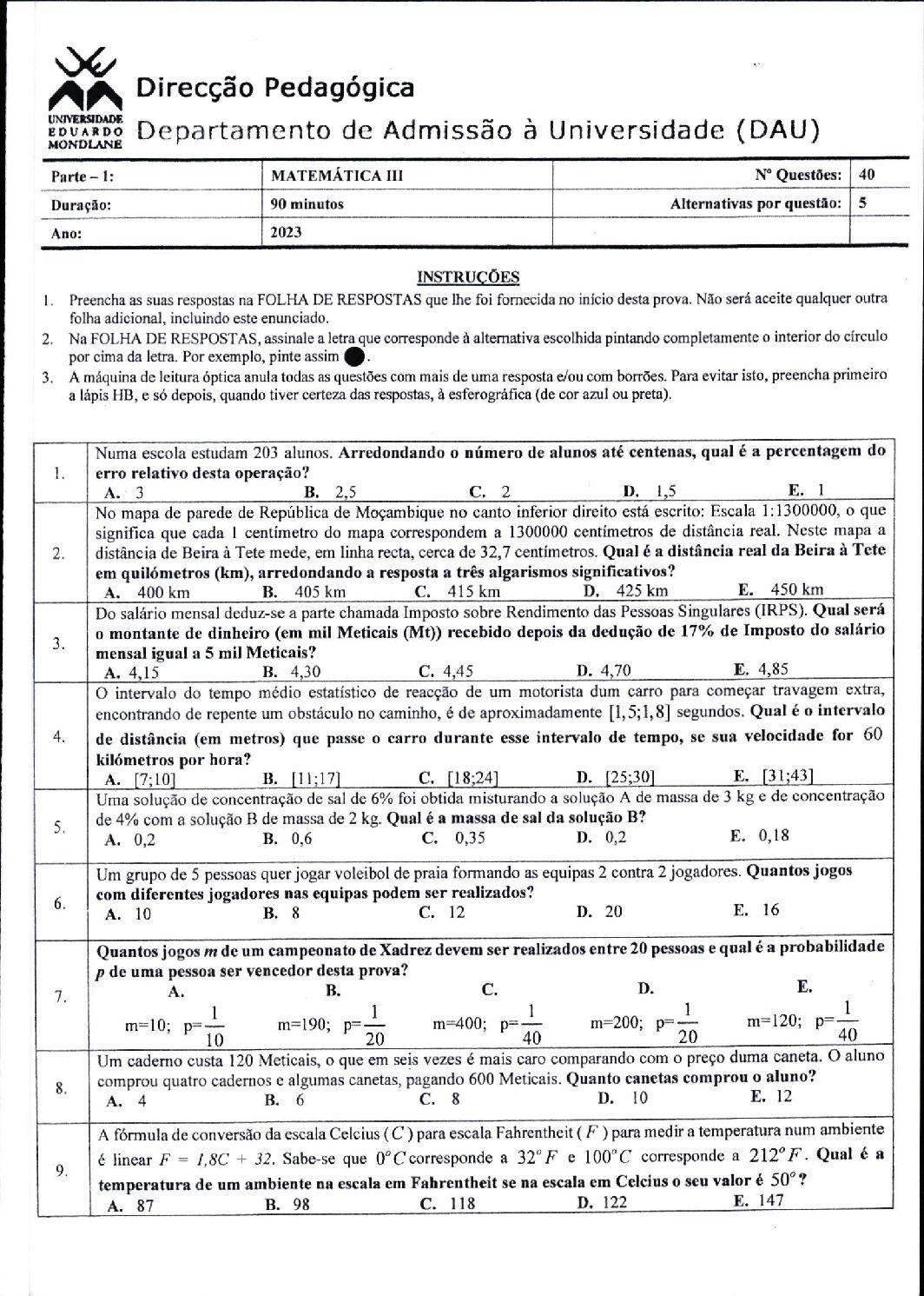 Matemática – 2023 (III) da UEM (Enunciado e Resolução do Exame de Admissão em PDF)