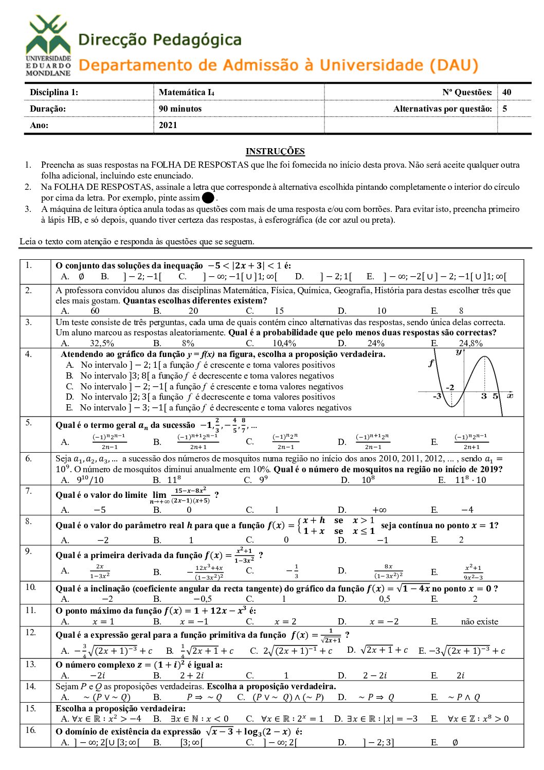 Matemática – 2021 (IV) da UEM (Enunciado e Resolução do Exame de Admissão em PDF)