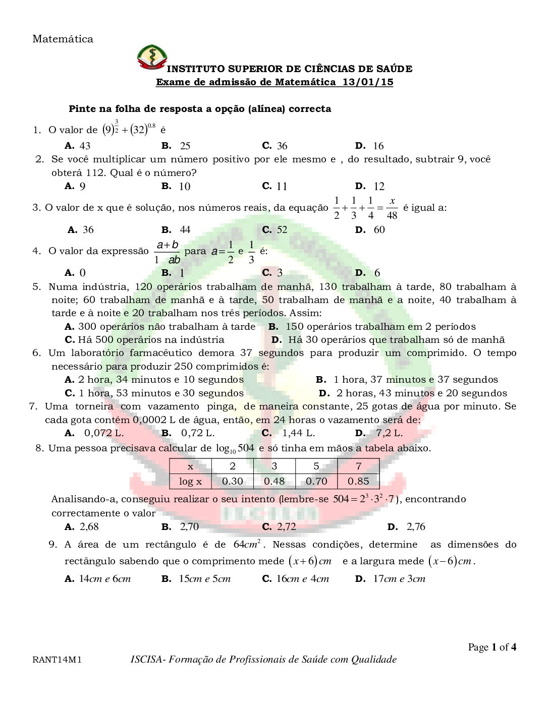 Matemática – 2015 do ISCISA (Enunciado e Resolução do Exame de Admissão em PDF)