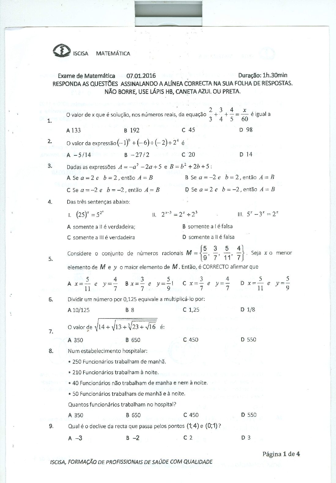 Matemática – 2016 do ISCISA (Enunciado e Resolução do Exame de Admissão em PDF)