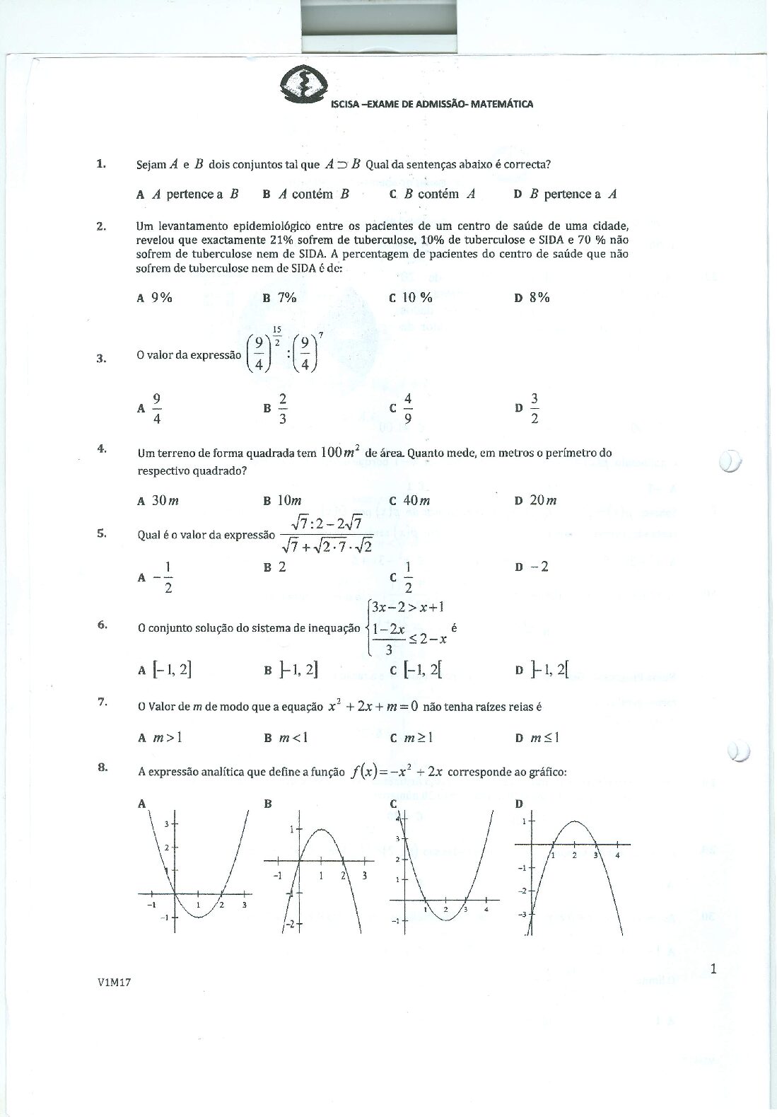 Matemática – 2017 do ISCISA (Enunciado e Resolução do Exame de Admissão em PDF)