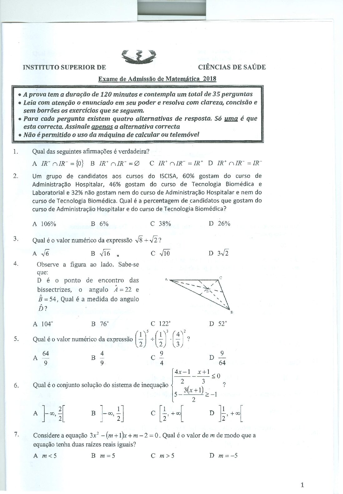 Matemática – 2018 do ISCISA (Enunciado e Resolução do Exame de Admissão em PDF)