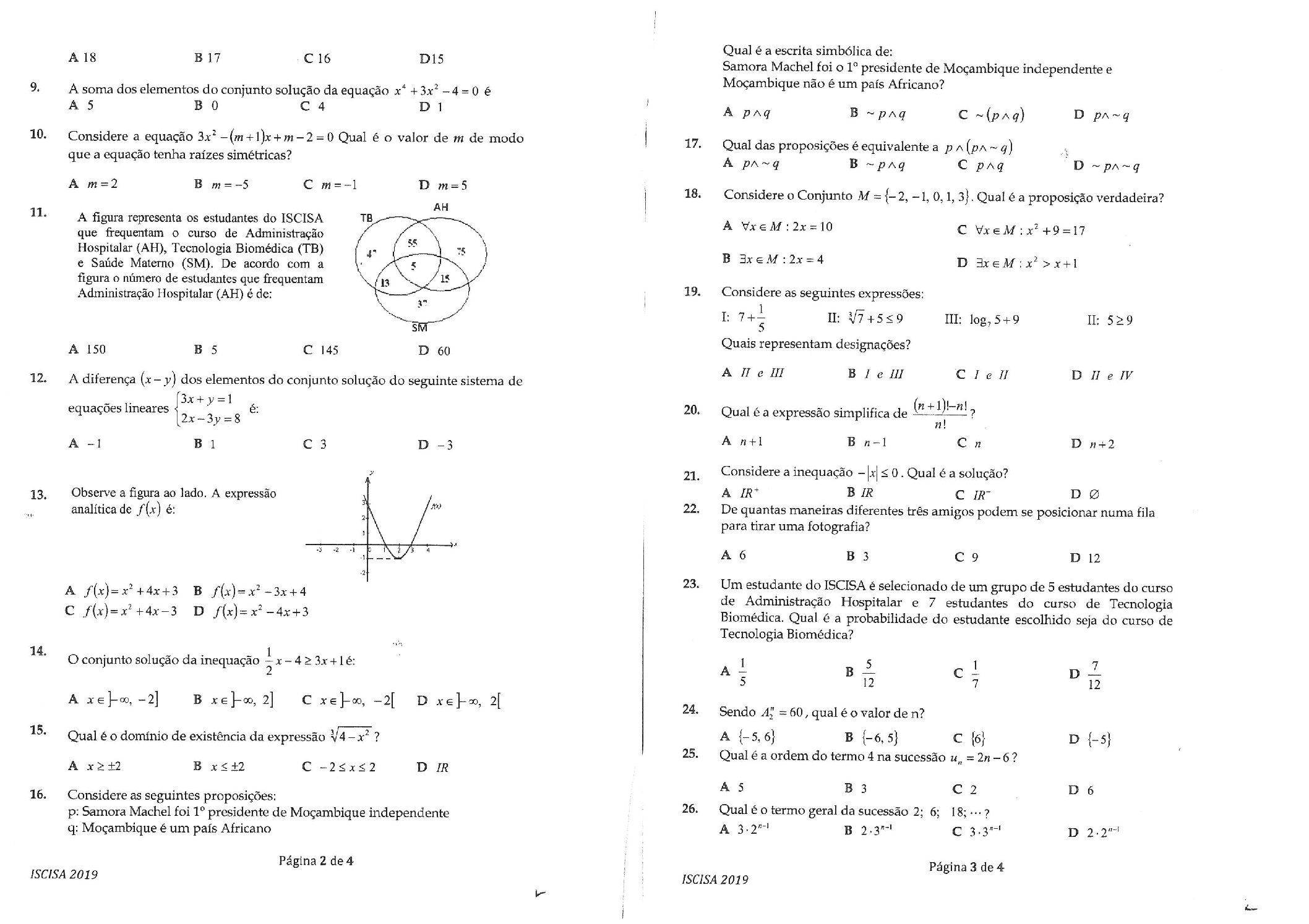 Matemática – 2019 do ISCISA (Enunciado e Resolução do Exame de Admissão em PDF)