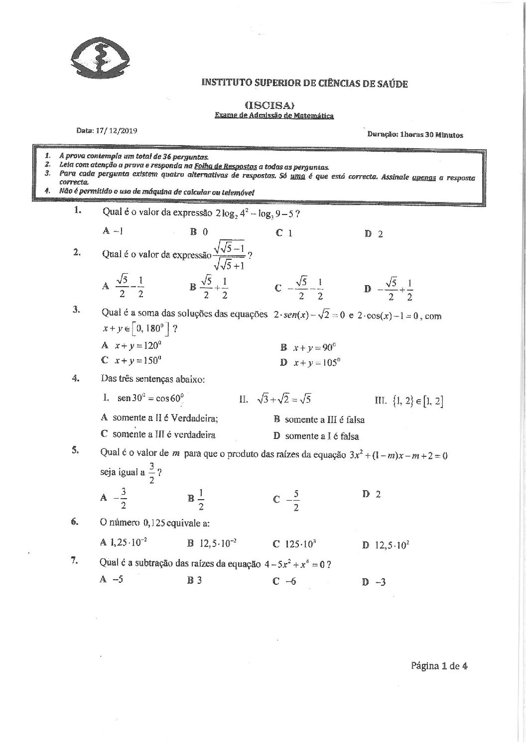 Matemática – 2020 do ISCISA (Enunciado e Resolução do Exame de Admissão em PDF)