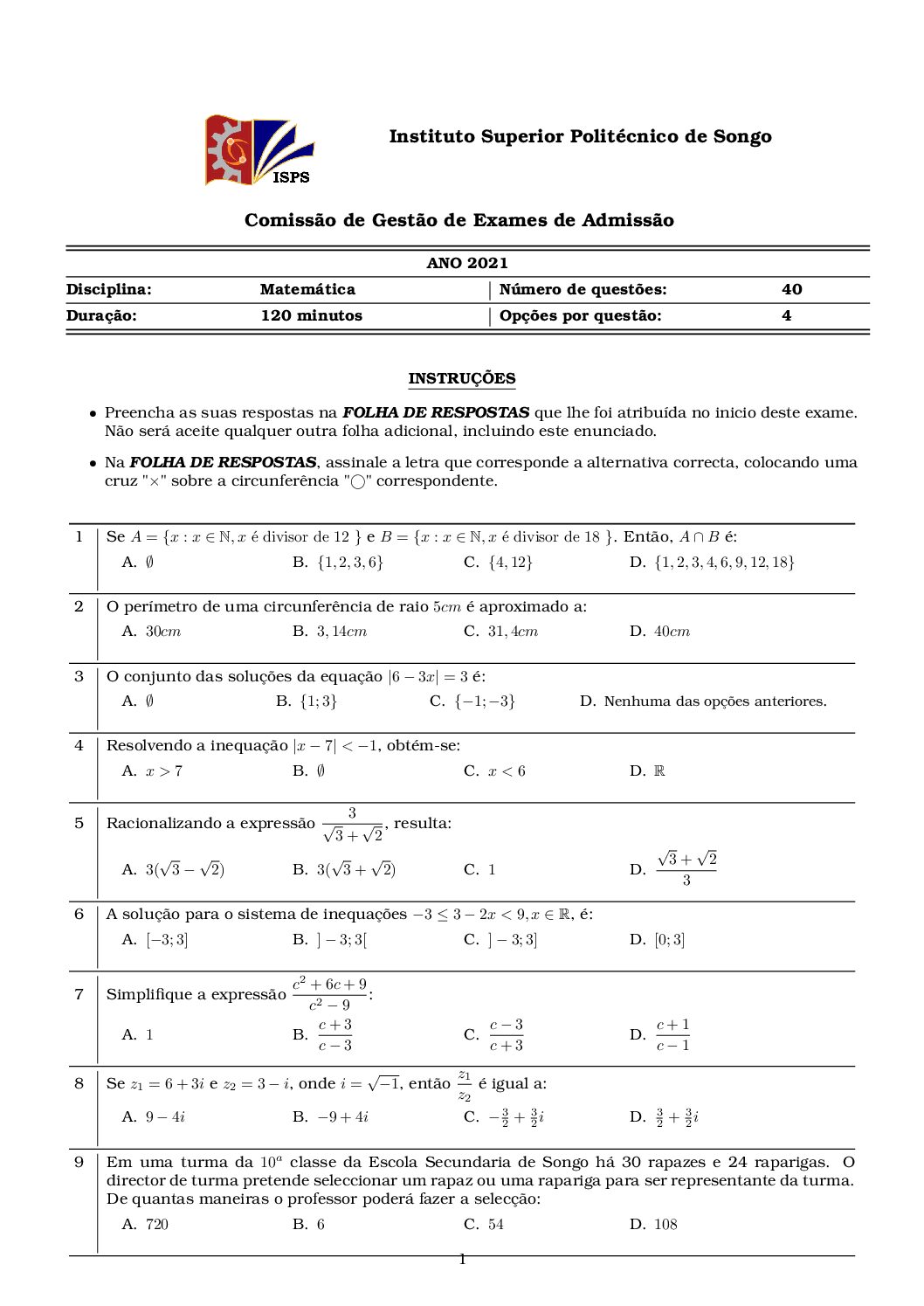 Matemática – 2021 do ISPSongo (Enunciado e Resolução do Exame de Admissão em PDF)