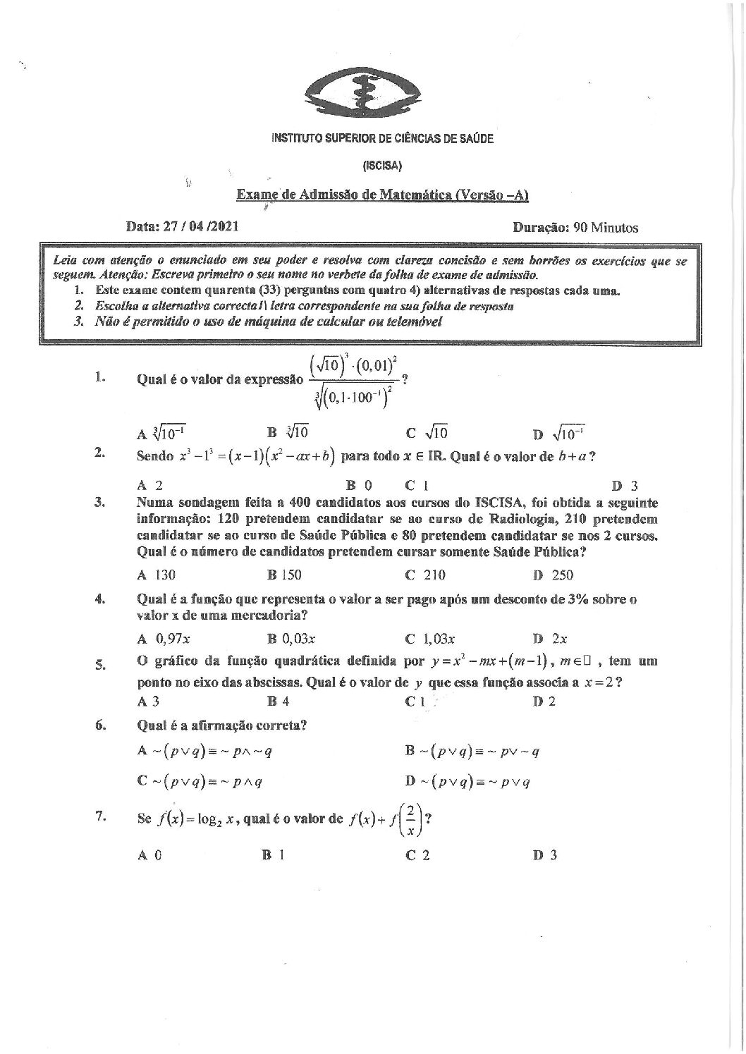 Matemática – 2021 do ISCISA (Enunciado e Resolução do Exame de Admissão em PDF)