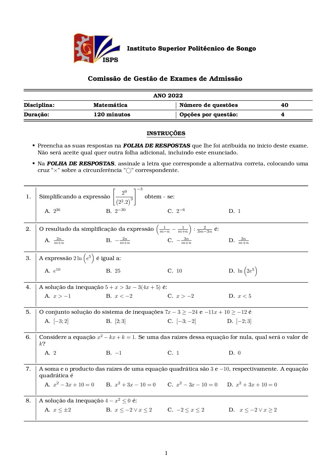 Matemática – 2022 do ISPSongo (Enunciado e Resolução do Exame de Admissão em PDF)