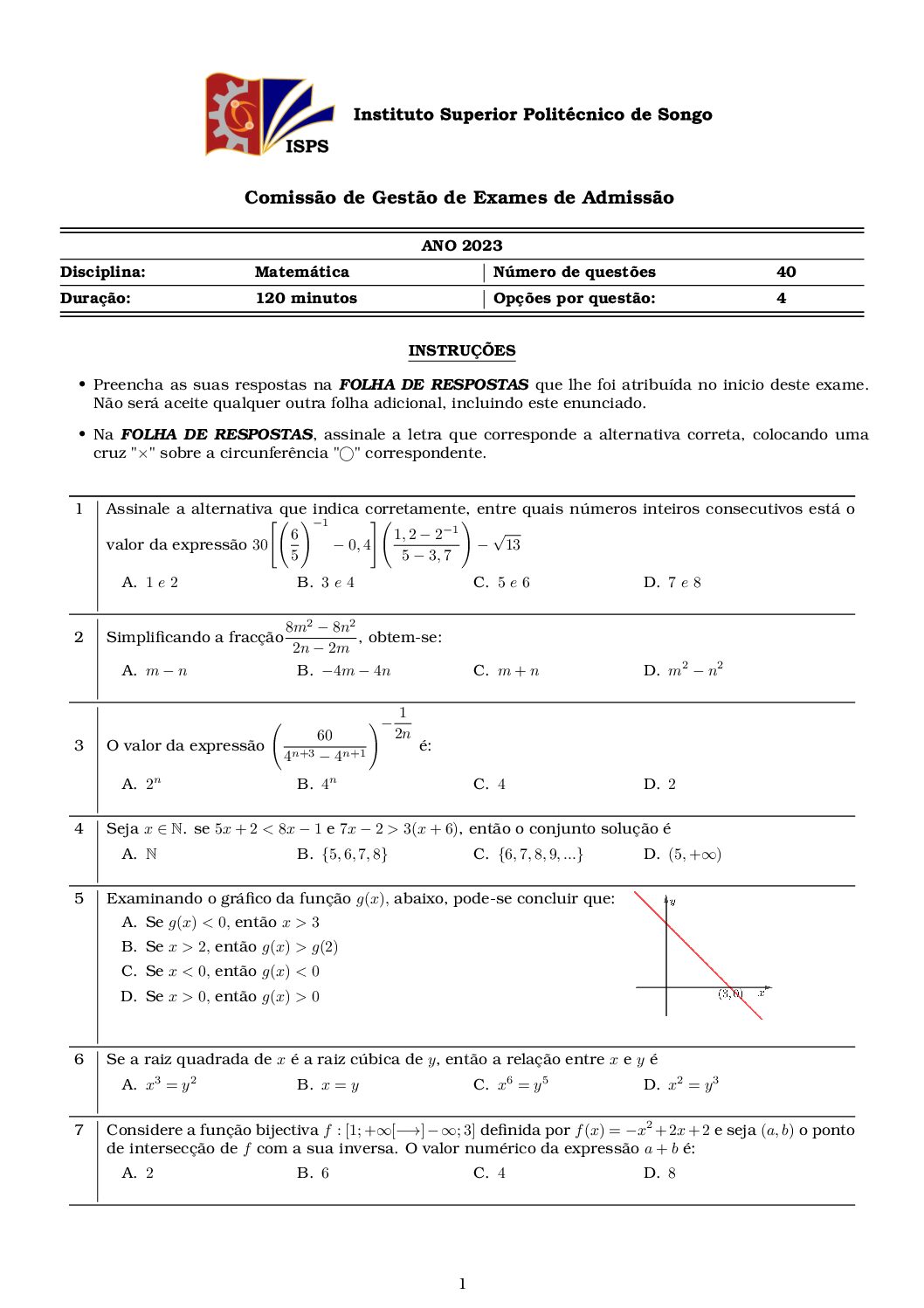 Matemática – 2023 do ISPSongo (Enunciado e Resolução do Exame de Admissão em PDF)