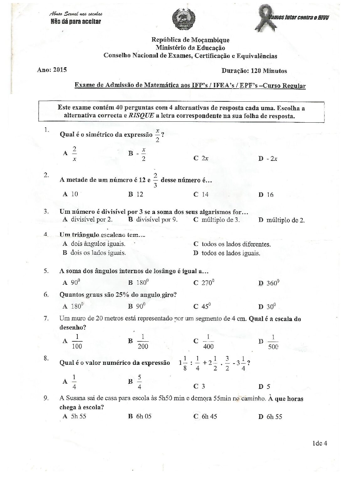 Matemática – 2015 do IFP (Enunciado e Resolução do Exame de Admissão em PDF)