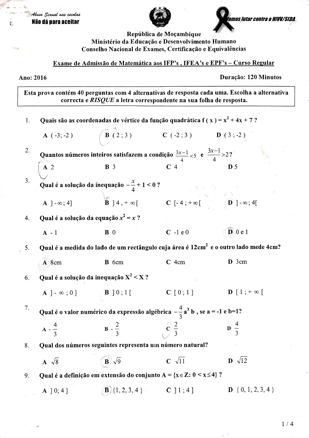 Matemática – 2016 do IFP (Enunciado e Resolução do Exame de Admissão em PDF)