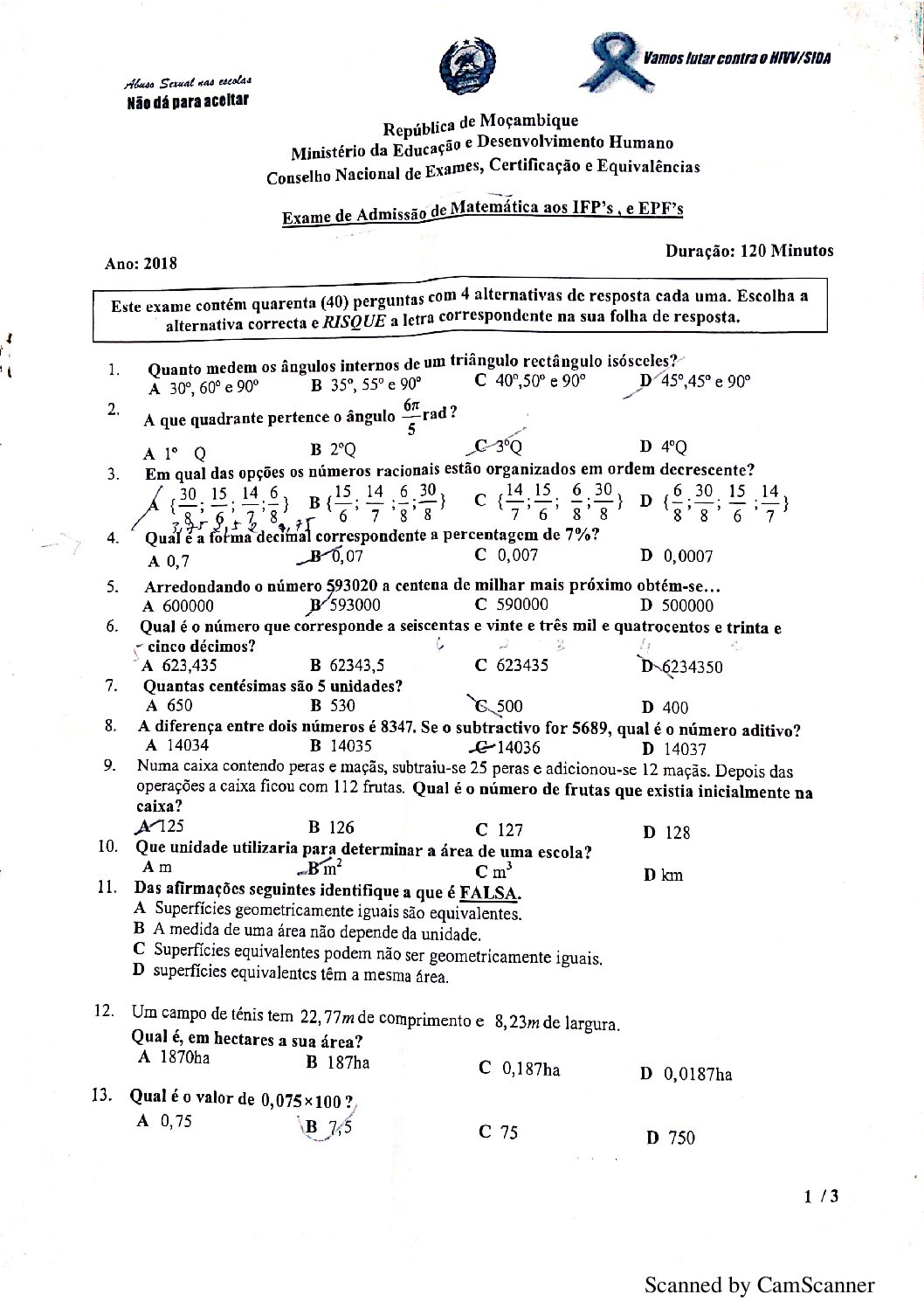 Matemática – 2018 do IFP (Enunciado e Resolução do Exame de Admissão em PDF)