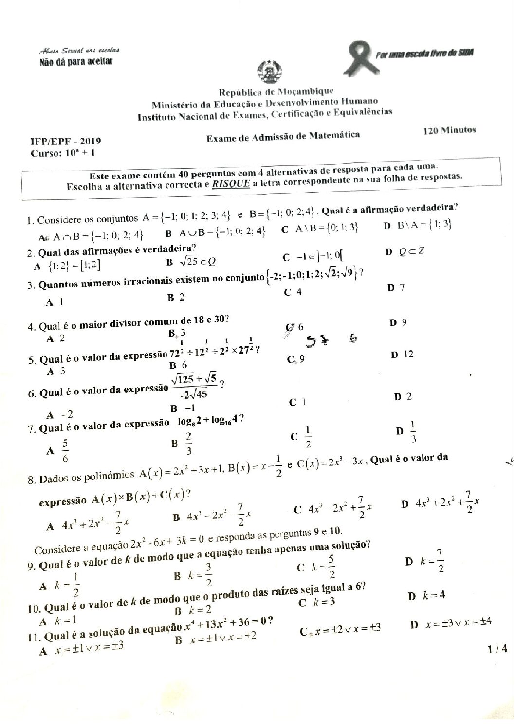 Matemática – 2019 do IFP (Enunciado e Resolução do Exame de Admissão em PDF)