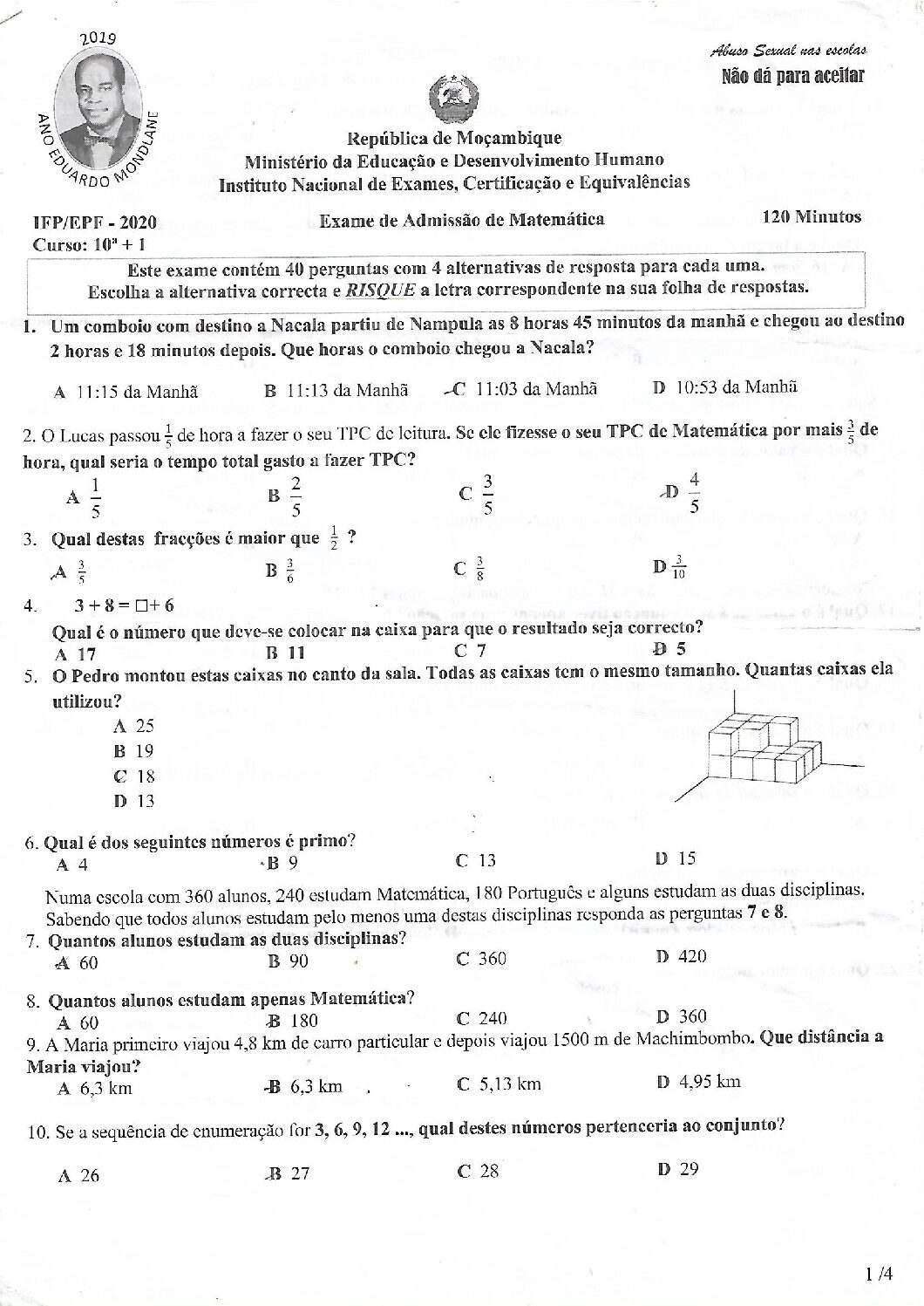 Matemática – 2020 do IFP (Enunciado e Resolução do Exame de Admissão em PDF)