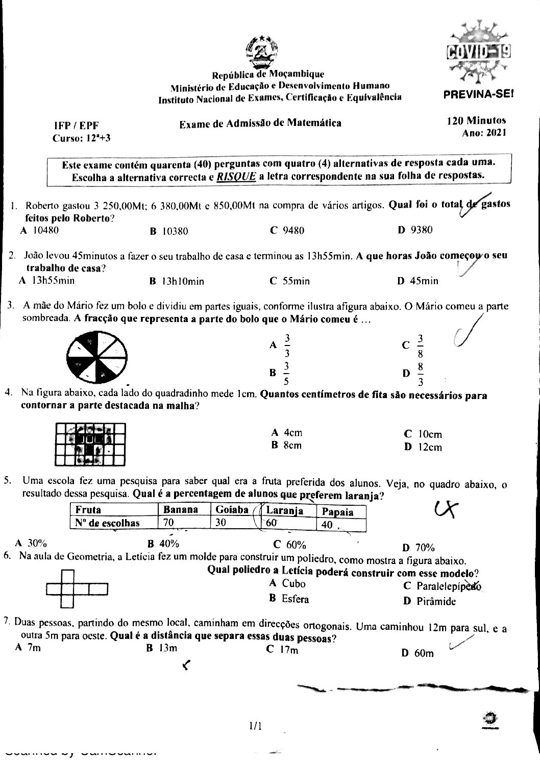 Matemática – 2021 do IFP (Enunciado e Resolução do Exame de Admissão em PDF)