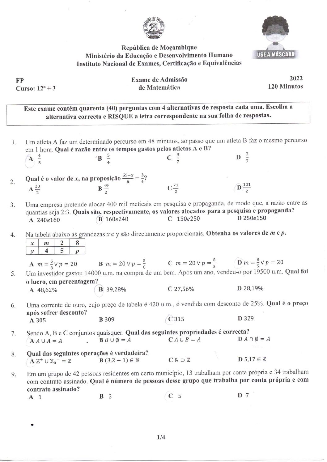 Matemática – 2022 do IFP (Enunciado e Resolução do Exame de Admissão em PDF)