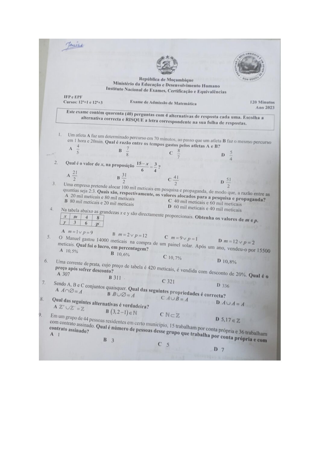 Matemática – 2023 do IFP (Enunciado e Resolução do Exame de Admissão em PDF)