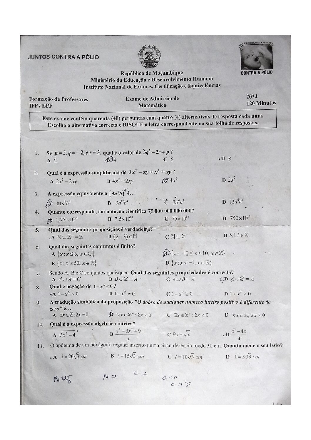 Matemática – 2024 do IFP (Enunciado e Resolução do Exame de Admissão em PDF)