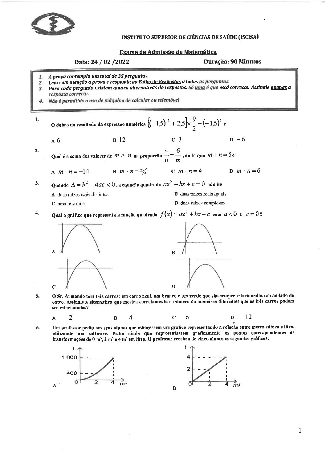 Matemática – 2022 do ISCISA (Enunciado e Resolução do Exame de Admissão em PDF)