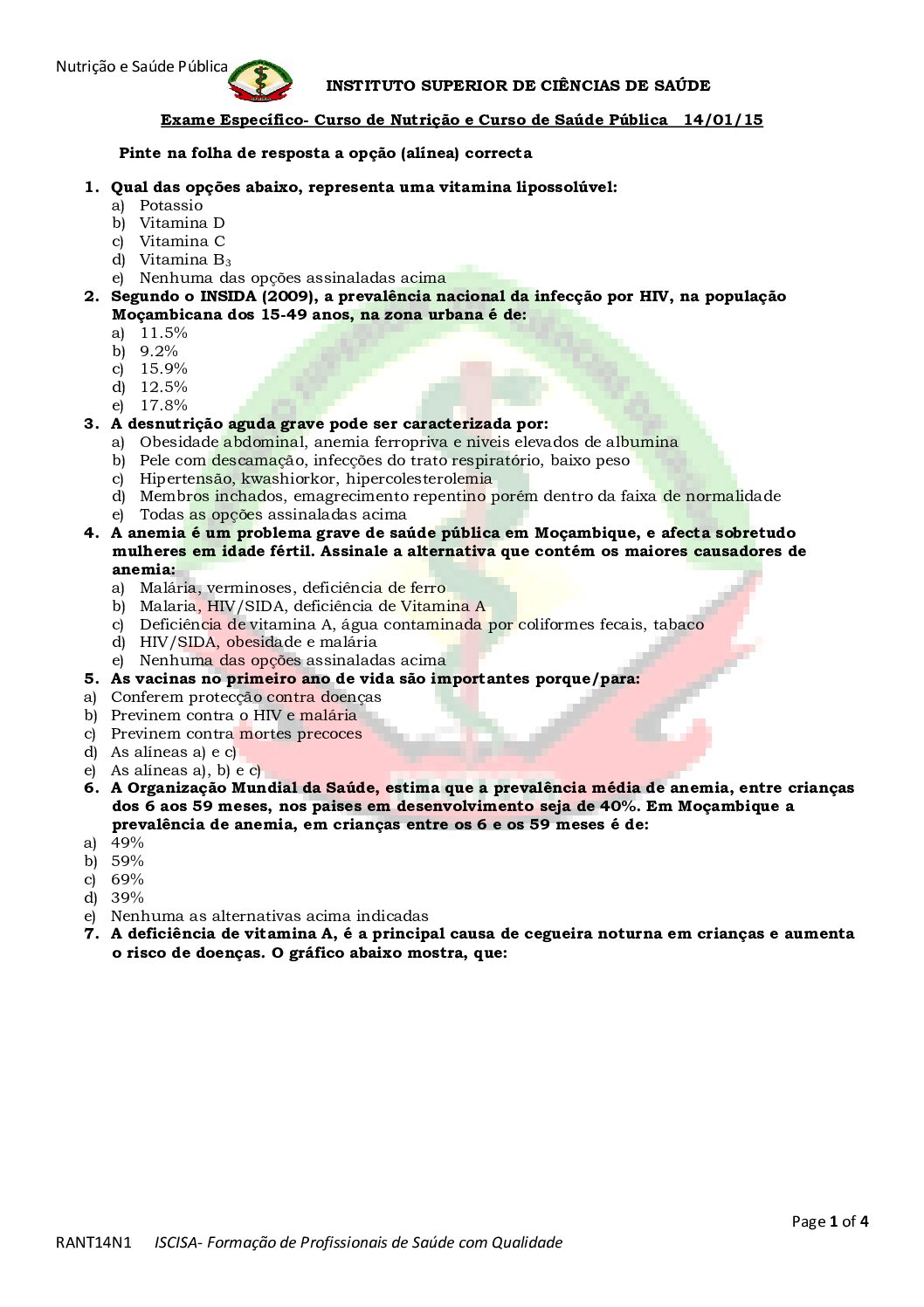Nutrição e Saúde Pública – 2015 do ISCISA (Enunciado e Resolução do Exame de Admissão em PDF)